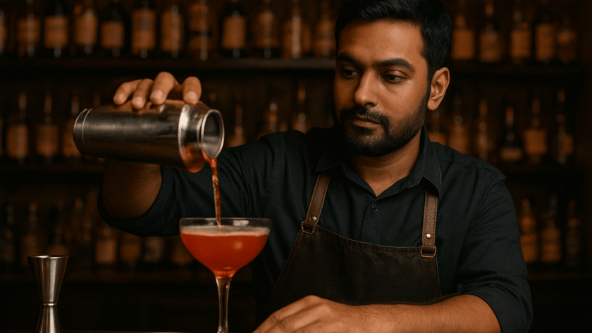 Bartender pouring cocktail into glass.