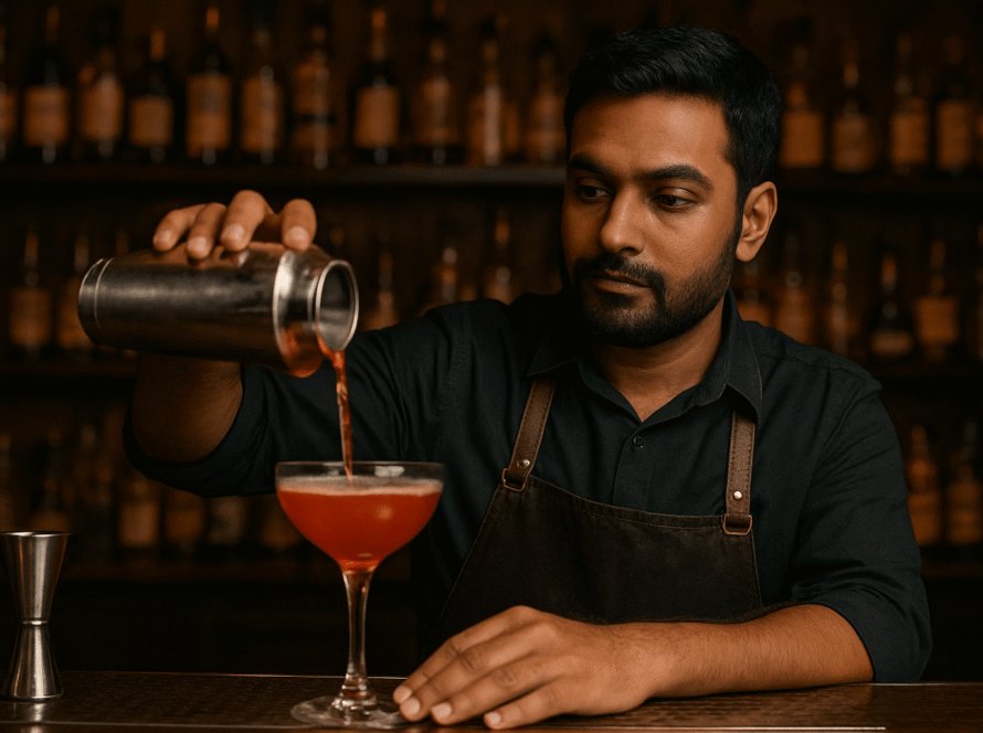 Bartender pouring cocktail into glass.