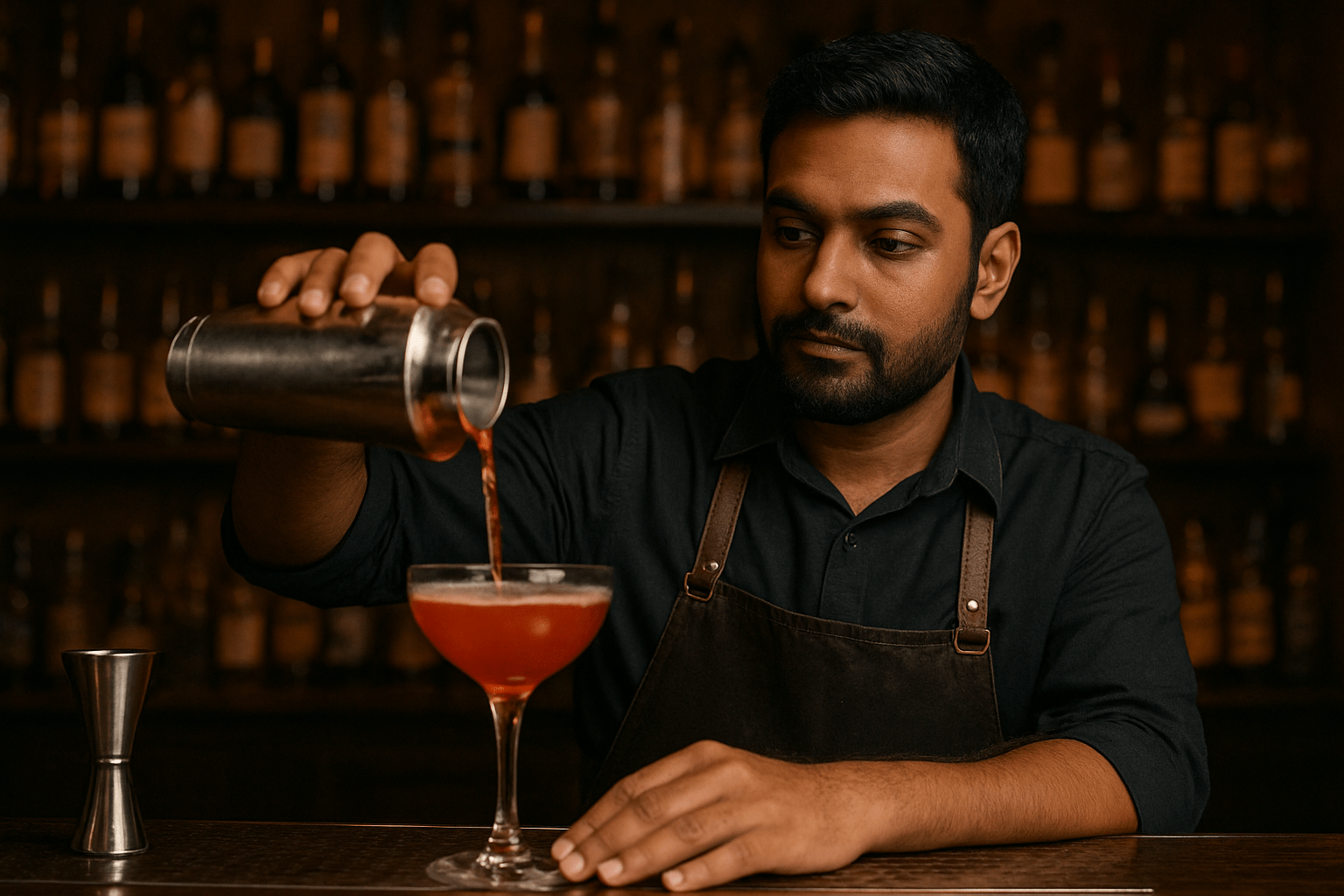 Bartender pouring cocktail into glass.